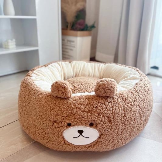Cartoon Plush Dog & Cat Bed – Cozy Bear Design (All Seasons)